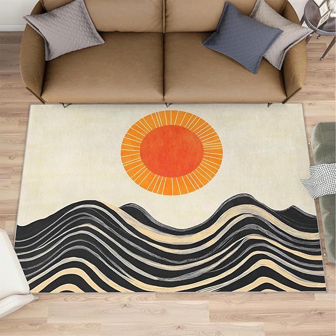 Boho Sun Area Rugs 4x5ft, Watercolor Mountain Kids Play Rug, Abstraction Deco Throw Rugs Bedroom Fluffie Soft for Coffee Shop Living Room Under Table Game Room