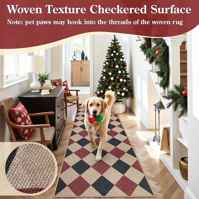 Lahome Christmas Runner Rug, 2x8 Christmas Kitchen Decor Checkered Non Slip Entryway Runner Rug, Checkerboard Red and Black Indoor Outdoor Xmas Decorations for Hallway 8ft Entry Bathroom
