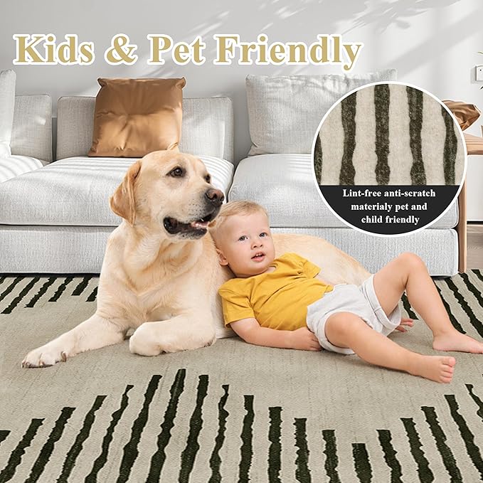 HelloTree Area Rug for Living Room 8x10 Washable Geometric Moroccan Rug Stripe Farmhouse Bohemian Minimalistic Non Slip Non Shedding Ultra Thin Soft Rug for Bedroom Office DiningRoom Nursery-Cream