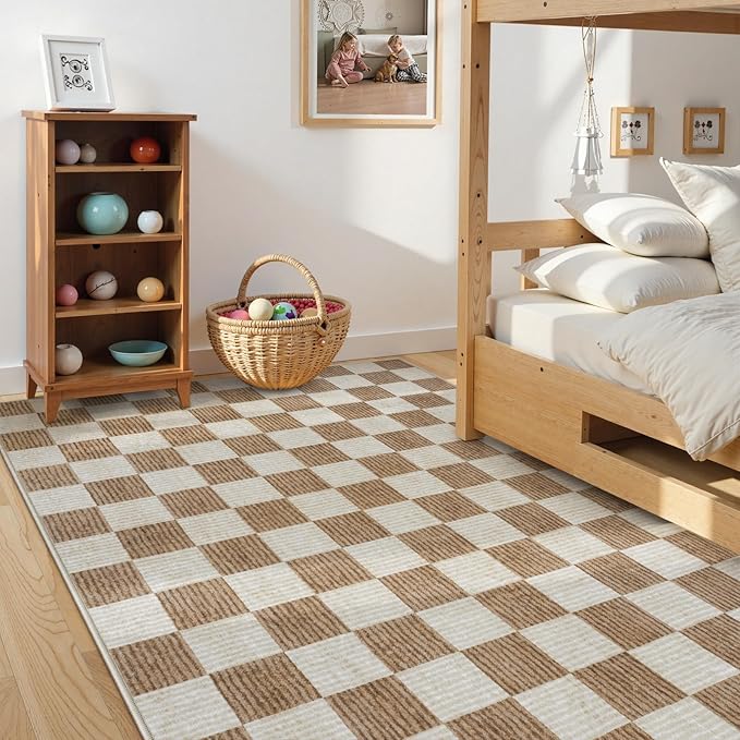 LIVEBOX Machine Washable Area Rug 6x9 Checkered, Non Slip Soft Large Bedroom Living Room Rug Farmhouse Neutral Classic Geometric Boys Rug, Indoor Carpet for Den Dorm Playroom(Brown,6'x9')