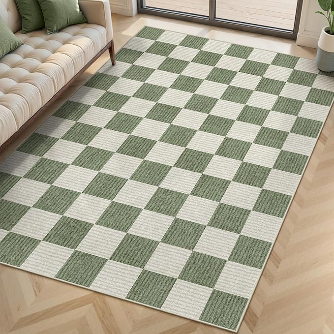 LIVEBOX 4x6 Washable Area Rug Checkered, Non-Slip Small Entryway Rug Green Farmhouse Neutral Classic Geometric Boys Rug for Bedroom Living Room Low-Pile Carpet for Indoor Kitchen(Sage Green 4'x6')