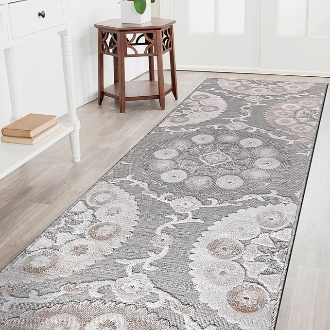 CAMILSON Runner Outdoor Rugs Oriental Retro Traditional Floral Medallion Area Rug 2x10 Non-Shedding Stain Resistant Indoor Carpet for Bathroom Hallway Kitchen Office (2 x 10 / Beige)
