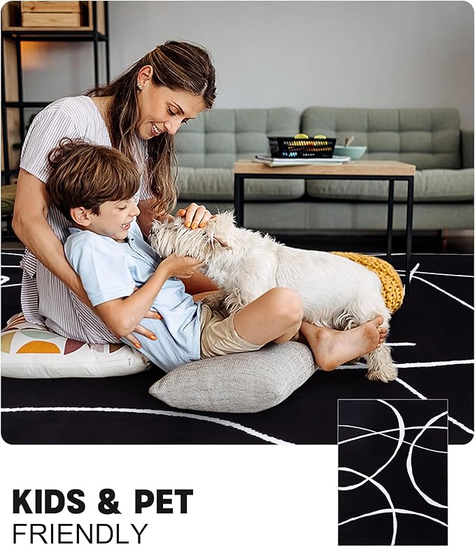 YIHOUSE Modern Washable Area Rug for Living Room Bedroom - Large Abstract Black and White Rug Non-Slip Ultra-Thin Home Decor (Dark Curve, 8'x10'ft)