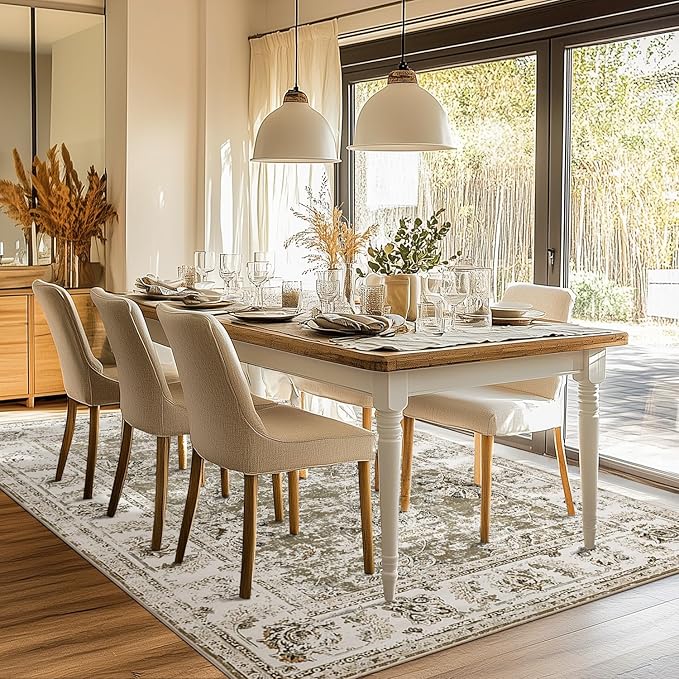jinchan Fiora 6x9 Area Rugs for Living Room - Machine Washable Vintage Floral Distressed Design Stain Resistant Boho Carpet Ultra-Thin Low Pile Non-Slip Rug for Bedroom Dining Room (6'x9', Taupe)