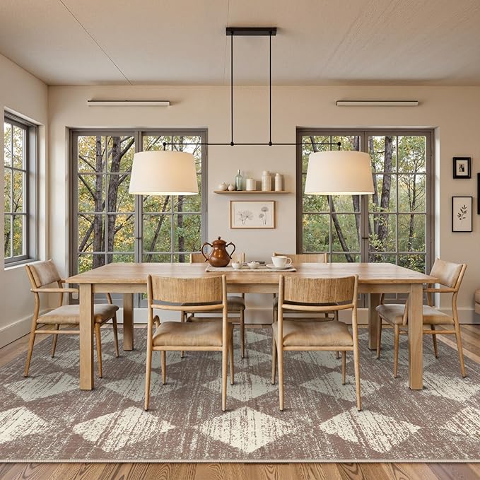Lahome Machine Washable Rugs 6x9, Soft Beige Rugs for Bedroom Aesthetic Non Slip Living Room Rug Dining Room Carpet for Under Table, Moroccan Trellis Printed Indoor Carpet for Dorm Apartment Playroom