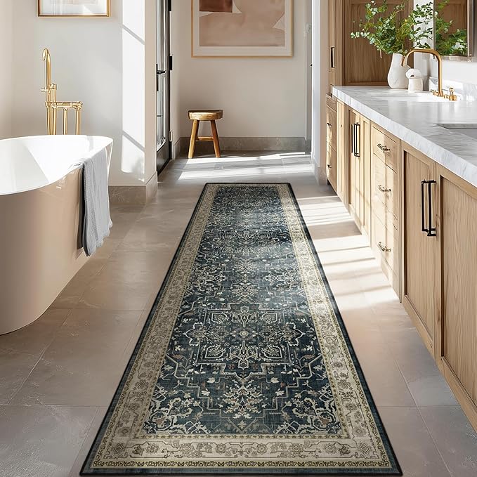 Medallion Hallway 2x8 Runner Rug, Washable Non Slip Entryway Runner Indoor, Low Pile Thin Vintage Distressed Carpet Runners 8ft for Kitchen/Bedroom Bedside/Laundry Room/Bathroom, Midnight/Multi