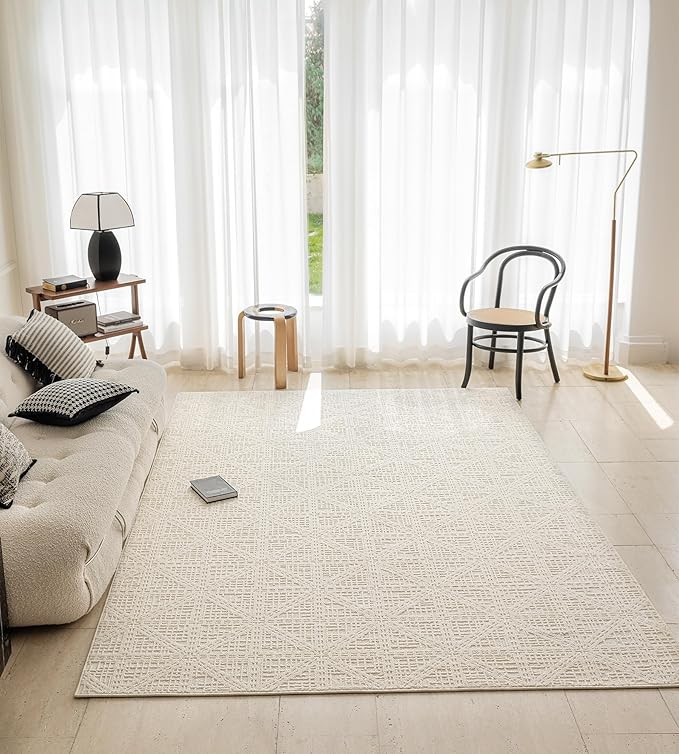 jxgzyy Beige Area Rug, 0.36'' Thick Low Pile Textured Rug, Modern Aesthetic Solid Carpet for High Traffic Area, Stain-Resistant Kitchen Rug with Non-Slip Backing, 5x7