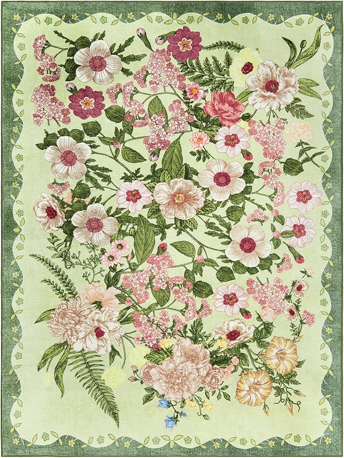 Floral Area Rug Living Room - 8x10 Washable Rugs Low Pile Non-Slip Soft Bedroom Rugs Under Bed Stain Resistant Accent Indoor Vintage Carpet for Dining Room Nursery Home Office Decor, Green