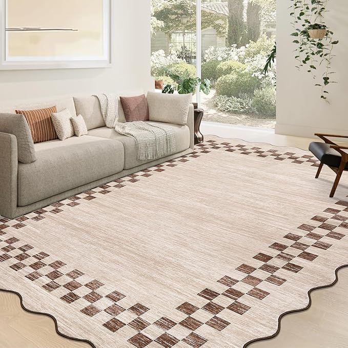 GarveeHome 8x10 Area Rug for Living Room Scalloped Washable Large Bedroom Rug Non Slip Stain Resistant Modern Border Dining Room Throw Carpet Scalloped Boho Rug for Home Decor Office Nursery, Beige