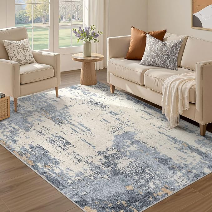 4x6 Area Rug Living Room Rugs - Washable Neutral Modern Abstract Soft Thin Rug Indoor Floor No Slip Rug Carpet for Bedroom Under Dining Table Home Office Decor - Blue/Light Brown
