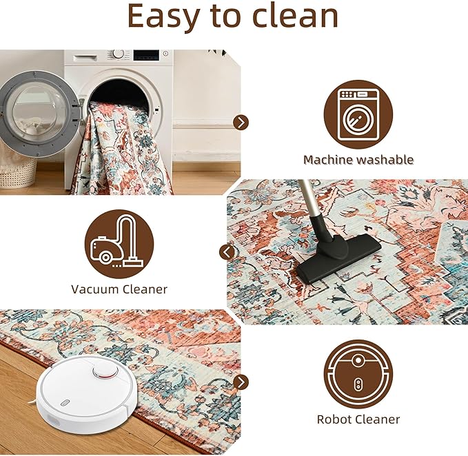 YJ.GWL Area Rugs for Living Room 8x10 Machine Washable Rugs, Non Slip Floral Vintage Rug Indoor Carpet, Stain Resistant Large Rug for Bedroom Dining Room, Copper Tan