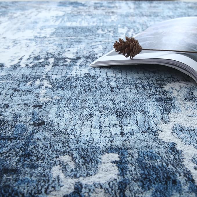 Rugcomf 9x12 Boho Rug Soft Area Rug Non-Slip Non-Shedding Faux Wool Vintage Rug for Living Room, Dining Room, Kids Playroom, Blue