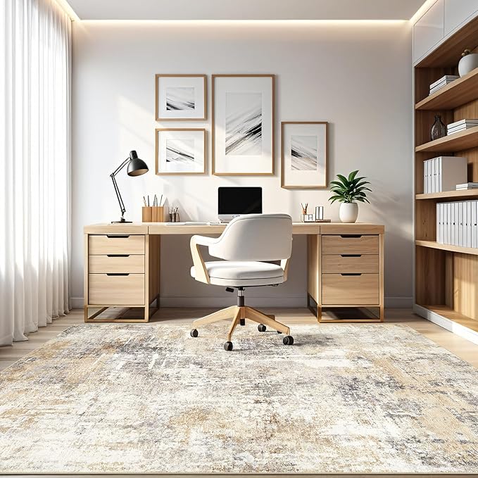 5x8 Area Rug Living Room: Machine Washable Large Abstract Soft Thin Rugs Stain Resistant Indoor Floor Non-Slip Accent Carpet for Bedroom Nursery Playroom Office Dining Room Dorm- Gray Gold