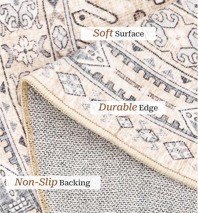zesthome Washable Round Rug - 5ft Ultra-Thin Circle Area Rugs, Vintage Non-Slip Low Pile Rug for Living Room, Stain Resistant Rug for Bedroom, Entryway, Kitchen, Nursery