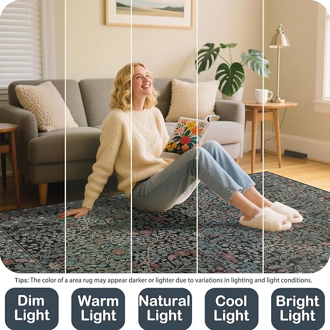 9x12 Washable Area Rugs for Living Room, Stain Resistant Vintage Rugs for Dining Room Under Kitchen Table, Bedroom, Floral Low Pile Non-Slip Large Carpet (9 x 12 Dark Green)