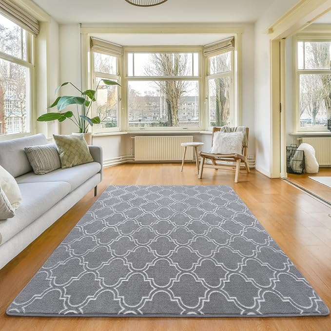 Amearea Fluffy Indoor Area Rug, Soft Trellis Moroccan Rugs for Bedroom, Shag Modern Area Rug for Living Room Kids Room Nursery, Easy Clean, Home Decor Low Pile Carpet, Light Gray 5x7 Feet