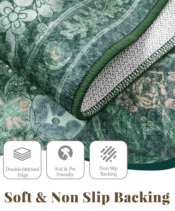 Green Dining Room Rugs for Under Table, Washable Boho Floral 6x9 Area Rug for Living Room, Bedroom, Nursery, Home Office - Vintage Distressed Low Pile Non Slip Carpet, French Country Art Deco Mat