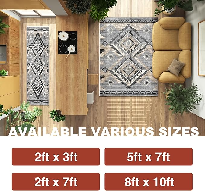 YHSF South West Native American Rug Ritz – Native Tribal American Indian Inspired Rug - Living Room, Bedroom, Hallway, Entryway & High-Traffic Area Rugs - Washable - Soft - Light Grey, 2 Feet x 7 Feet