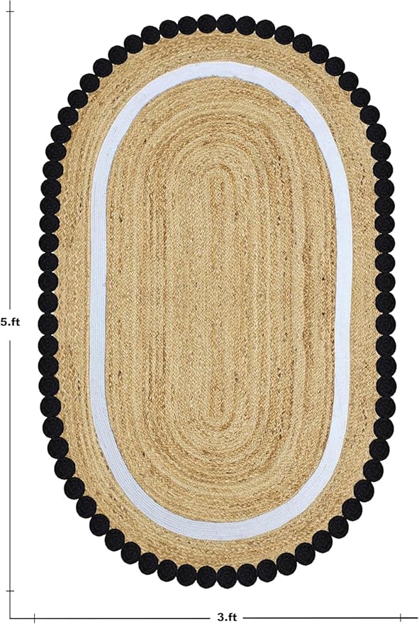 Oval Jute Runner 2.6x6 Flatweave Kilim Runner Hand Braided Jute Thick 0.27" Solid Pattern Black Beige Natural Oval Handmade Boho Indoor Outdoor Rugs for Hallway Enterway Corridor
