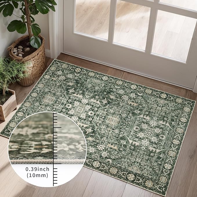 Area Rug 9×12 Washable Rugs for Bedroom, Vintage Floral Rug Soft Non Slip Stain Resistant Carpet for Living Room Dinning Room Kitchen Home Office Green Black
