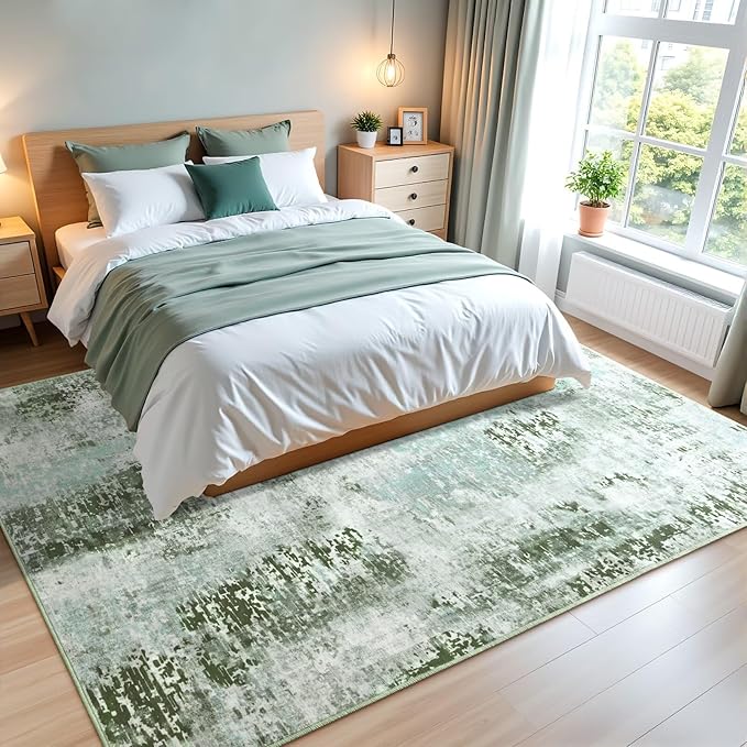 Washable Abstract Rug, 8x10 Modern Area Rugs with Non-Slip Rubber Backed for Living Room, Thin but Soft Contemporary Carpet Kitchen Bedroom Dining Room Decor, Green