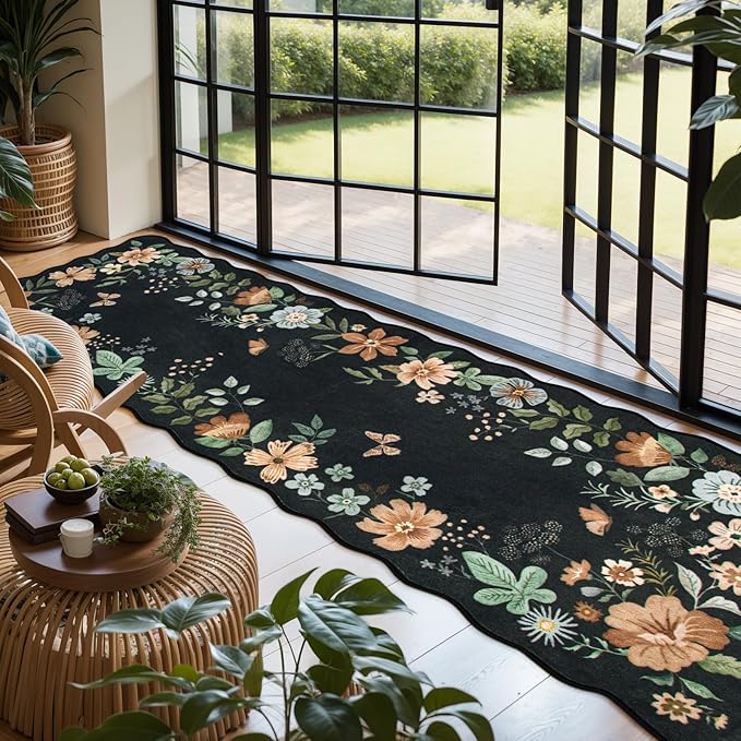 Lahome Floral Runner Rug for Hallways, 2'6''x8' Kitchen Runner Non Slip, Soft Washable Hallway Rugs with Rubber Backing Carpet for Laundry Bedroom Bathroom(Black/Grey)