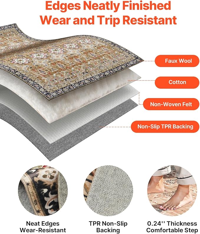 VEVOR 8 x 10 Area Rug, Washable Rug Non-Slip and Tear-Resistant Soft Carpet Pet & Child Friendly, Vintage Area Rugs Indoor Mat for Bedroom Living Room Kids Room Office Brown Green