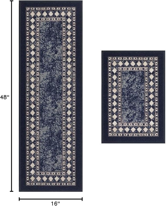 Antep Rugs Alfombras Modern Bordered 2pc Non-Skid (Non-Slip) Low Profile Pile Rubber Backing Indoor Kitchen Runner Rugs (Navy Blue, 2pc Set)