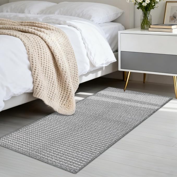 Grey Bathroom Rugs 24"x48"Non Slip Braided Bath Mat for Bathroom Floor Washable Boho Luxury Bath Rug for Tub Soft Vintage Absorbent Shower Sink Mat