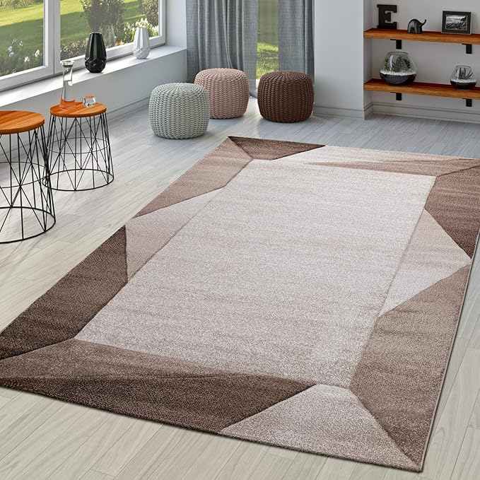 Paco Home Modern Area Rug Bordered with Geometric Pattern in Brown Beige with Contour Cut, Size: 4' x 5'7"