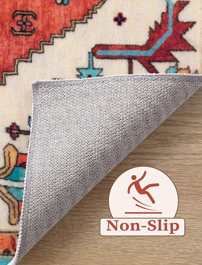 SERISSA Boho Washable Runner Rug, 2x5 Rug Runner Non-Slip Vintage Orange Hallway Kitchen Runner Rug Ultra Soft Print Distressed Tribal Floor Carpet Runner for Bedroom Bathroom Laundry Living Room