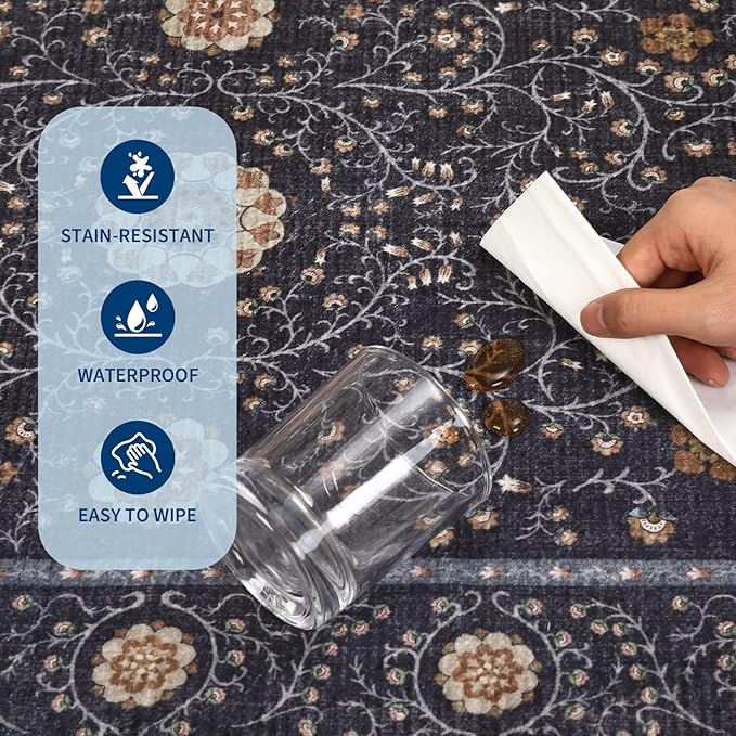 GarveeHome Boho 5x7 Area Rug for Bedroom, Floral Vintage Rugs for Living Room with Soft Low Pile, Non Slip Botanical Washable Rugs 5x7 for Dining Room Blue Carpet for Entryway Dorm Office Playroom