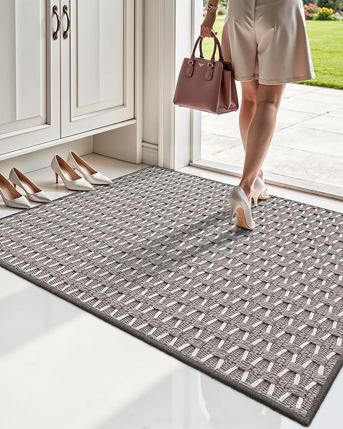 LUMI Handwoven Indoor Door Mat 17"x30", Non-Slip Low Profile Checkered Inside Doormat, Comfort Weave Grid Pattern Floor Mats, Taupe