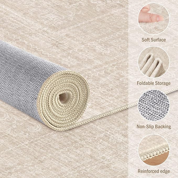 6x9 Area Rugs Living Room: Washable Large Vintage Beige Rug Neutral Non-Slip Soft Stain Resistant Indoor Carpet for Bedroom Nursery Dining Room Under Table Bed Home House Office Playroom