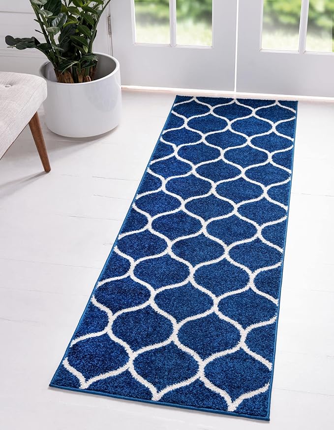 Rugs.com Lattice Frieze Collection Rug – 2' x 13' Runner Navy Blue Medium Rug Perfect for Living Rooms, Large Dining Rooms, Open Floorplans