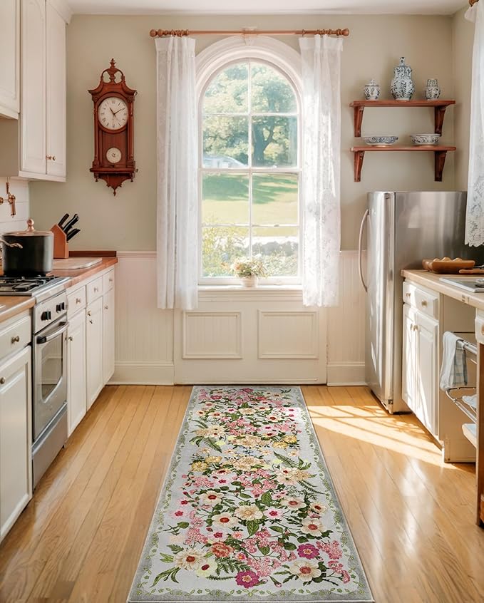 Floral Runner Rug 2x6 - Washable Vintage Kitchen Rug Low Pile Non-Slip Carpet for Entryway Hallway, Laundry, Bedroom - Soft, Stain Resistant Indoor Area Rug - Grey