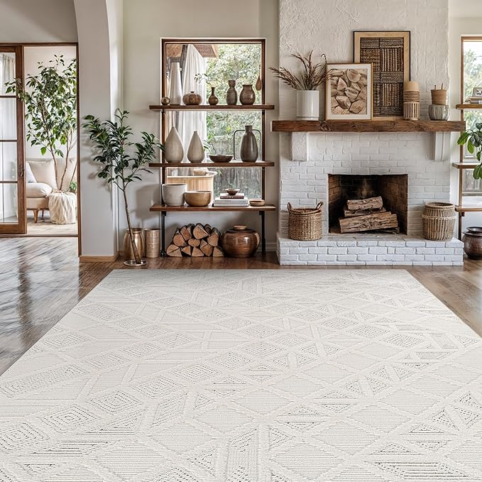 Modern Micro Loop Indoor Area Rugs for Living Room Bedroom Kitchen Geometric Square White 8x10 Luxury Durable Low and High Pile Non-Shedding Stain Resistant Soft Area Carpet 8 x 10