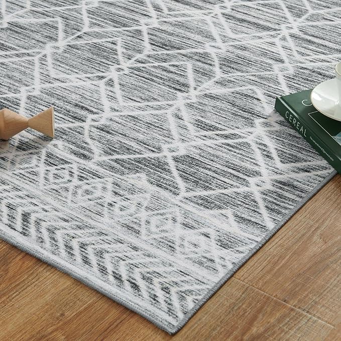 jinchan Moroccan Runner Rug 3x8 - Kitchen Machine Washable Runner Rug Modern Geometric Low-Pile Lightweight Non-Slip Carpet for Entryway Hallway Laundry Room Bedroom Bedside (3x8ft, Grey)