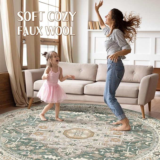 Round Rug Living Room Rugs: 6x6 Washable Boho Neutral Large Circle Soft Indoor Distressed Stain Resistant Floor Farmhouse Carpet for Bedroom Nursery Kids Playroom Office Dining Room Dorm- Green