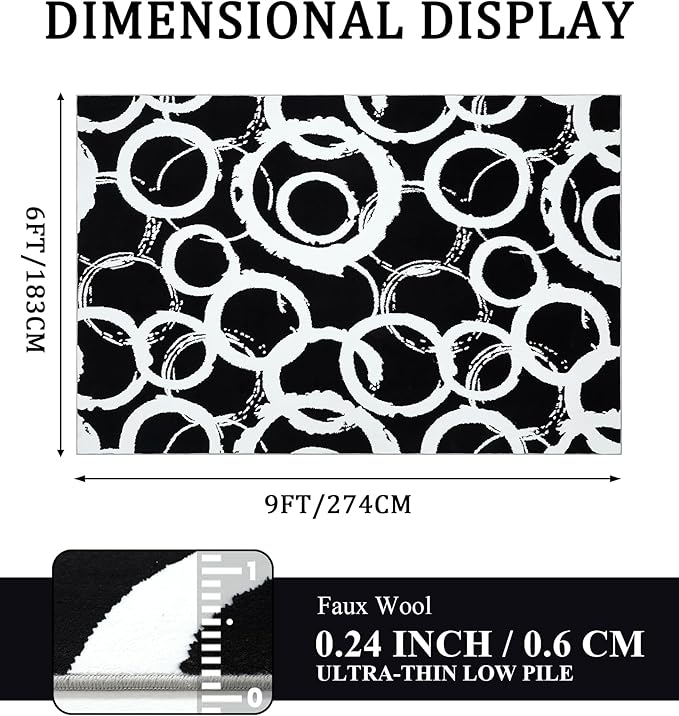 YIHOUSE Black Modern Geometric Area Rug 6x9, Black and White Rug with Abstract Circles,Non-Shedding Washable Rugs for Bedroom, Home Office and Living Room
