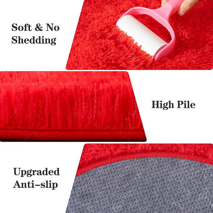 Soft Fluffy Area Rug for Bedroom, Red Fuzzy Shaggy Oval Throw Rugs for Bedside, Non-Slip Cozy Plush Shag Carpet for Kids Room Dorm Nursery Living Room, 2.6 x 5.3 Feet