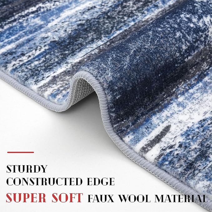 Modern Abstract Hallway Runner Rug, Navy Blue Washable Kitchen Runner Non-Slip Soft 2x8 Runner Rug Thin Print Faux Wool Carpet for Entryway Bedroom Laundry Room Indoor