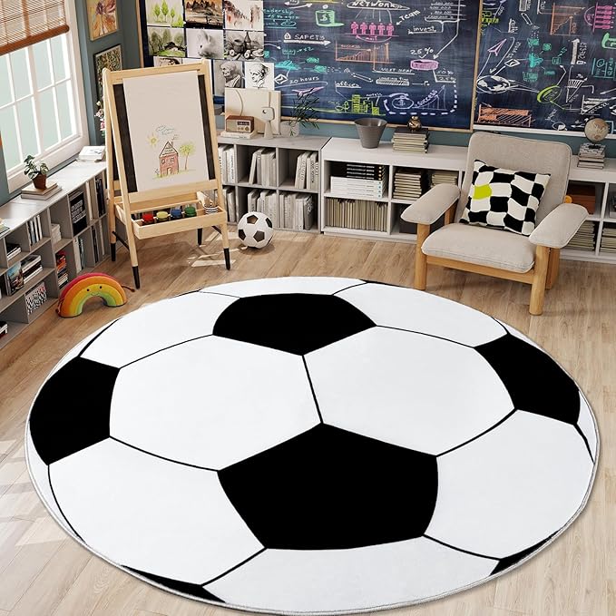 Soft Soccer Rug, Gifts for Boys Girls, Cute Bedside Shag Area Rug for Kids Toddlers Teens, Non Slip Room Decor Indoor Carpet for Bedroom Living Room, Nursery, Machine Washable 6 Ft inch