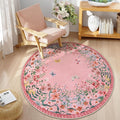 Wonnitar Washable 5ft Round Area Rug, Pink Floral Living Room Rugs for Bedroom Girls, Low Pile Soft Botanical Throw Carpet for Kids Nursery Room (Pink,5ft-Round)