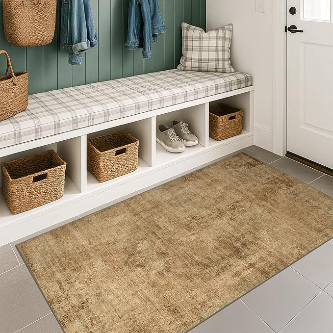 Farmhouse Gold Brown Indoor Rugs for Entryway - 3x5 Low Pile & Soft Area Rug for Bedroom Beside Bed, Laundry Room, Washable Kitchen Carpet Non Slip with Rubber Backing, Medallion Abstract Home Décor