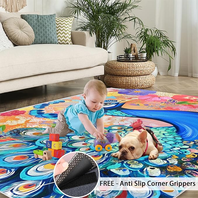 Peacock Area Rug 2x3-2x3 Rug, Boho Floral Rugs for Living Room, Colorful Carpet, Oil Painting Art Washable Area Rugs for Bedroom, Aesthetics Carpet - Peafowl Home Decor & Gifts