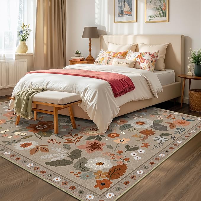 Floral 6x9 Area Rug Machine Washable Soft Print Boho Carpet Non Slip Doormat Low Pile Flower Area Rugs for Living Room Bedroom Nursery Kitchen Dining Room Indoor-Brown/Brick