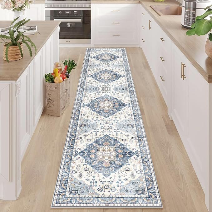 Enkor Runner Rug for Hallway, 2x10 Washable Soft Non Slip Floor Rugs for Kitchen, Modern Mat for Living Room Bedroom Entryway Blue & White