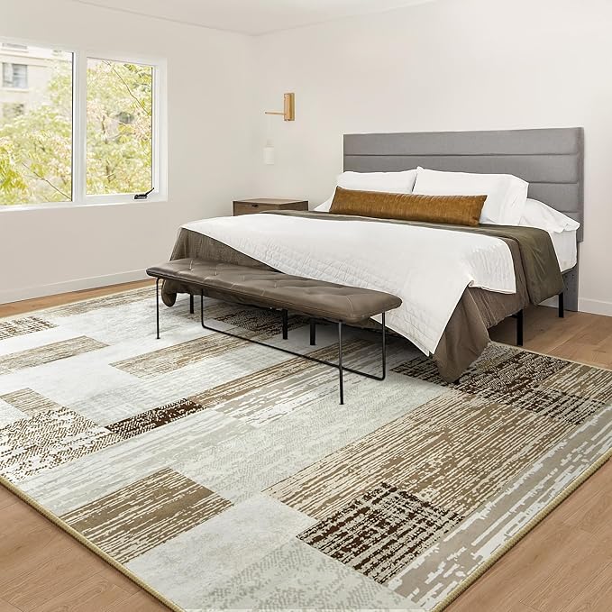 Large Area Rugs,Modern Geometric Patchwork Floor Decor for Bedroom Aesthetic Carpet, Rockwood Collection, Indoor Rugs for Living Room, Dining Room, Nursery, Office, Machine Washable Rug,6x9 Ft Beige