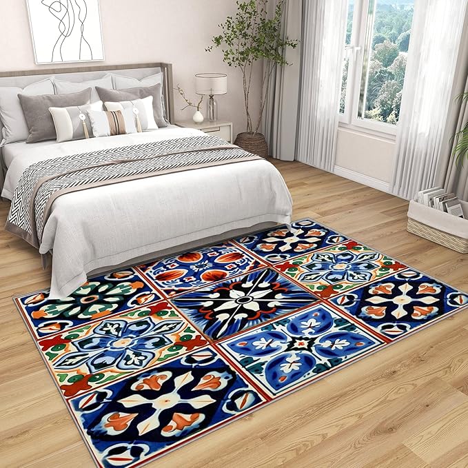 Moroccan Trellis Rugs 8x10 -Moroccan Tile Rug, 3x5 ft, Colorful Trellis Area Rug, Geometric Patchwork Washable Non-Slip Rugs for Entryway, Oriental Traditional Home Decor & Gifts